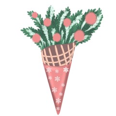 festive Christmas sweet wafer in pink New Year's paper with snowflakes, Christmas and New Year tree with fluffy balls for decoration pink holiday