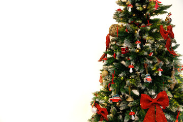 Christmas tree, decoration with red colors, white background.