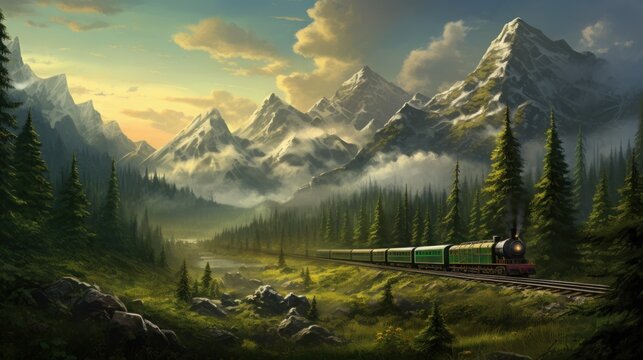  a painting of a train on a train track in front of a mountain range with pine trees and a river in the foreground and a cloudy sky with clouds.