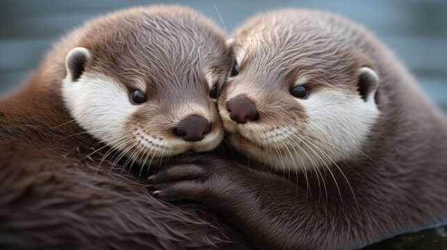  a couple of otters cuddling on top of each other with their hands on each of the otter's back's backs, with their paws on the other end of the otter's chest.