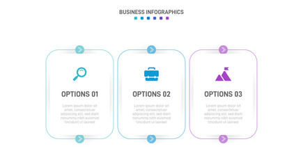 Timeline infographic with infochart. Modern presentation template with 3 spets for business process. Website template on white background for concept modern design. Horizontal layout.
