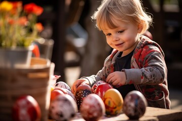 Fototapeta na wymiar A little toddler boy or girl accurately painting coloring Easter eggs