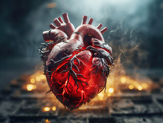 Heart model anatomy human body model on dark background. Cardiovascular diseases, health care concept