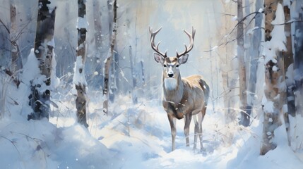  a painting of a deer standing in the middle of a forest with snow on the ground and trees on the other side of the forest with snow on the ground.