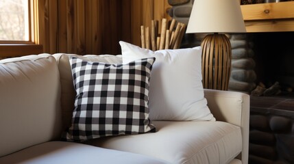  a white couch with a black and white checkered pillow on top of it and a lamp on the side of the couch in front of a wood paneled fireplace.