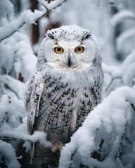 Obraz premium Close-up full body portrait of bird of prey, white snowy owl, sitting on tree branch in forest cowered snow and looking at the camera