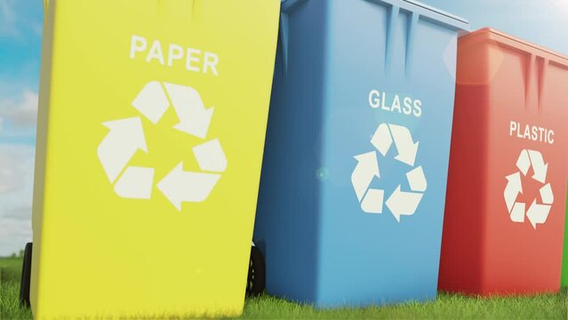 Close-up view to the multi colored trash cans on the grass and against green field. Concept of the sorting and recycling household waste. Separate containers for household garbage, loop 3d render.