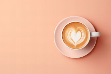cup of coffee with lattee art in peach fuzz color on the pastel peach background center composition...