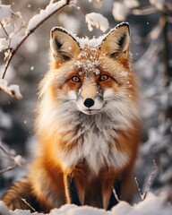 Fototapeta premium Full-length portrait of red fluffy fox on snowy landscape in forest, standing and looking at camera