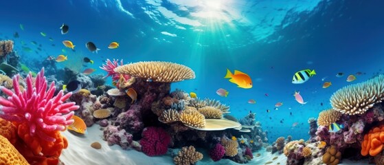 tropical underwater wildlife in the great barrier coral reef, teeming with vibrant sea life - obrazy, fototapety, plakaty