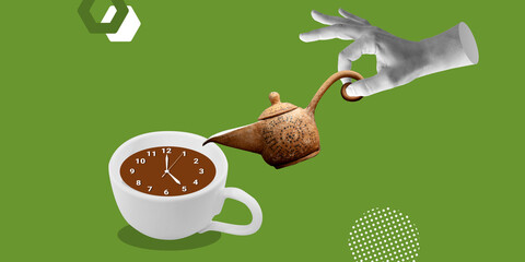 Tea Time, Tea Time Harmony. Hand with small teapot and tea cup, accompanied by clock displaying...