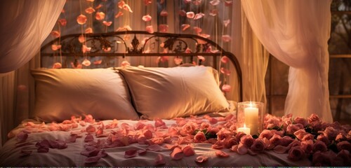 Soft, diffused lighting highlighting a bed adorned with rose petals in artistic arrangement.