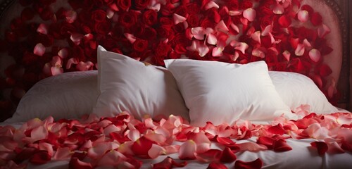 A symphony of red and white rose petals adorning a bedspread in a harmonious blend.