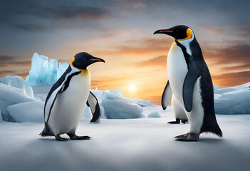 Beautiful penguins in polar and arctic region with snowy mountains in the background