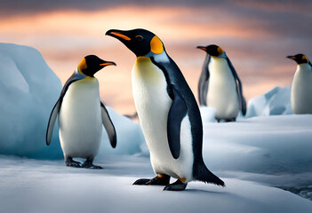 Beautiful penguins in polar and arctic region with snowy mountains in the background