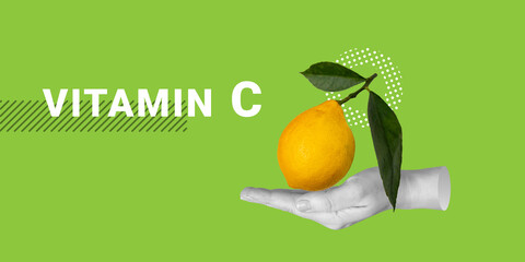 Vitamins, Healthy lifestyle, Medicine. Hand offers lemon next to the inscription Vitamin C....