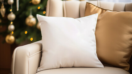 Generative AI, White pillow mockup on Christmas background with holiday decoration, copy space