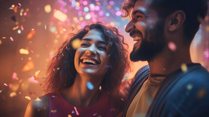 people in the nightclub. young couple in party atmosphere with confetti laughter and fun. 