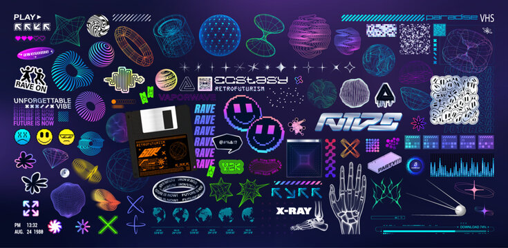 Neon Y2K set. 3D trendy elements, retrofuturistic, rave, vaporwave. Geometric shapes, acid elements from 90s, 80s, 00s. Y2k elements, icons. 3D abstract shapes with glitch effect. Vector graphic set