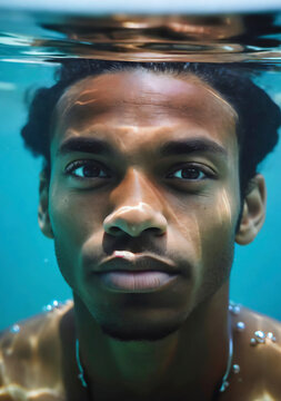 Black man in serene Submersion Portrait. Generative AI
