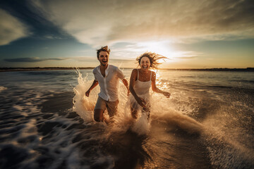 Generative AI image of Joyful couple running in sunset ocean waves