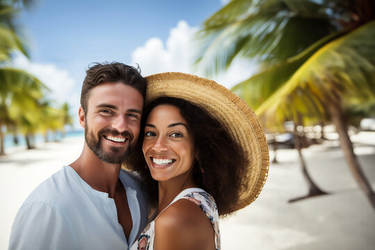 "Couple's Selfie on Tropical Beach. Generative AI"