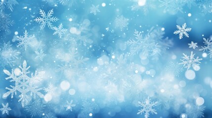 Naklejka na ściany i meble Blue Snowflakes Background. Modern Design for Christmas Decoration with Falling Snowflakes and Winter Snowfall on Abstract Blue Background