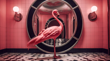 Generative AI image of a Flamingo in a Vintage Room
