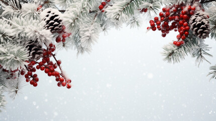 A frame made of evergreen branches with pinecones and red berries, overlayed with a light snow dusting effect