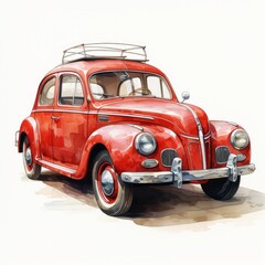 Watercolor cartoon image of a cheerful red car on a white background. AI generate
