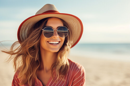 Smiling young woman in hat and sunglasses on beach