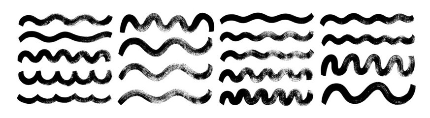 Brush-drawn bold wavy lines collection. Various curved stripes and wavy strokes.