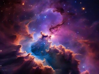 A vibrant cloud-like nebula extending across a vast expanse of a colorful space galaxy. Within this celestial masterpiece, countless stars sparkle like dazzling diamonds against the dark background of