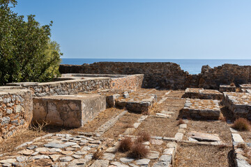 Views and pathways around the historic island of Spinalonga.  Crete, Greece.