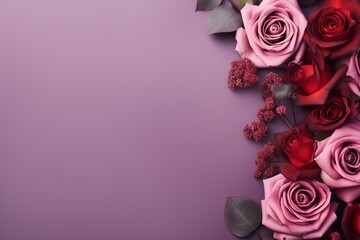 Burgundy Roses Flower Border Over a Lavender Background With Copy Space. Copy space.