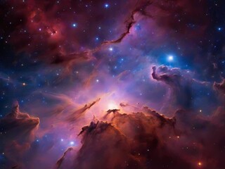 Fototapeta premium A vibrant cloud-like nebula extending across a vast expanse of a colorful space galaxy. Within this celestial masterpiece, countless stars sparkle like dazzling diamonds against the dark background of