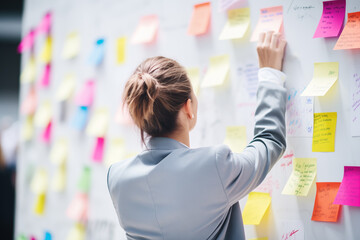 Anonymous Focused Woman Organizing Sticky Notes. Generative AI