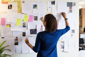 Anonymous Focused Woman Organizing Sticky Notes. Generative AI