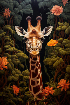 Generative AI image of a giraffe in midst of lush, floral jungle scene