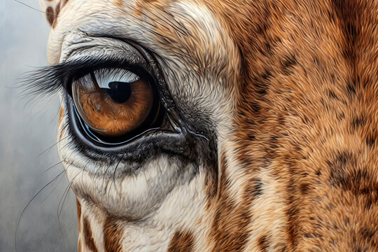Generative AI image of a close-up view of a giraffe's eye, showcasing detailed textures and patterns
