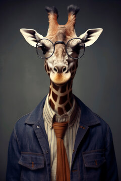 Generative AI illustration anthropomorphic portrait of giraffe with a human body dressed in a denim jacket, a humorous and surreal portrait