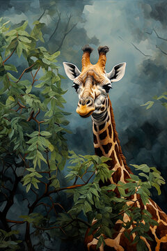 Generative AI image of wild giraffe with brown spots standing against misty foliage in a dense forest