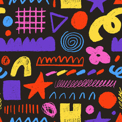 Abstract doodle seamless pattern with charcoal rough shapes. Geometric colorful shapes, rough lines.