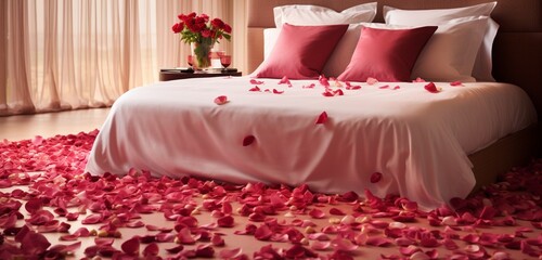 Aromatic rose petals scattered on a bed, enhancing the room with a soothing fragrance.
