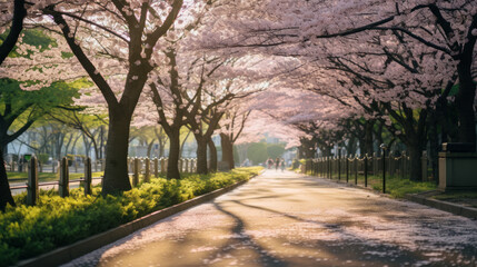 Fototapeta na wymiar cherry blossoms in full bloom in a park , Japan