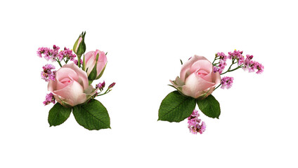 Set of floral arrangements with pink rose flowers and limonium isolated on white or transparent background