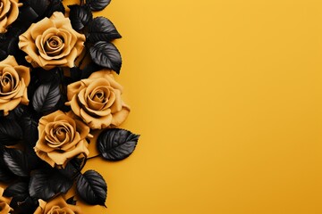 Charcoal Roses Flower Border Over a Mustard Background With Copy Space. Copy space.