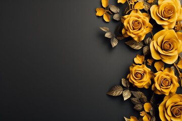 Charcoal Roses Flower Border Over a Mustard Background With Copy Space. Copy space.