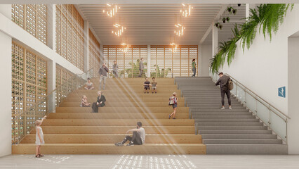 Library, multipurpose staircase, frontal render, natural lighting and ventilation, interior plants and double-height hanging lamps