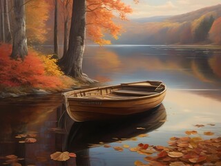 A peaceful scene on a quiet lake in autumn in this wonderful painting. The focal point is a small boat, its wooden exterior weathered by time, floating peacefully on the reflective waters. The vibrant